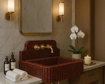 Deep Square Marble Sink | Rosso Levanto Red Stone Backsplash Basin | Classic Wall Mount Vanity | Handcarved Custom Size