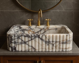 Calacatta Viola Marble Sink, Wall Mounted Hand Carved Sink , Custom Size Bathroom Vanity