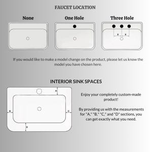 May include: Diagram of sink options, showing faucet locations: none, one hole, and three holes. Also shows interior sink spaces with labeled dimensions A, B, C, and D. Text reads: "Enjoy your completely custom-made product!"
