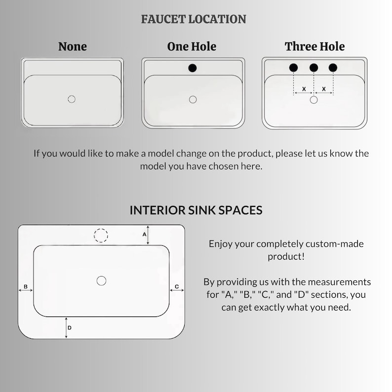 May include: Diagram of sink options, showing faucet locations: none, one hole, and three holes. Also shows interior sink spaces with labeled dimensions A, B, C, and D. Text reads: "Enjoy your completely custom-made product!"