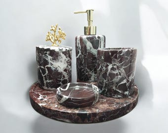 Elazığ cherry Marble Bathroom Set | Natural Stone Bath Accessories | Luxury Bathroom Decor -5 pcs set