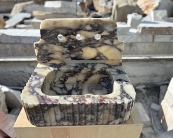 Fluted Marble Sink with Backsplash | Calacatta Viola Vessel Basin | Handcarved Wall Mount Stone Vanity | Custom Size