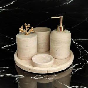 Travertine Bathroom Set - Natural Elegance & Functionality,Natural marble bathroom set, 5 pieces,travertine luxury marble bath set