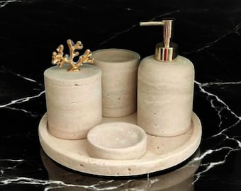 Travertine Bathroom Set - Natural Elegance & Functionality,Natural marble bathroom set, 5 pieces,travertine luxury marble bath set