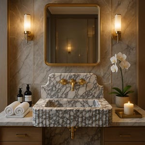 Calacatta Viola marble sink with curved backsplash wall mount farmhouse basin