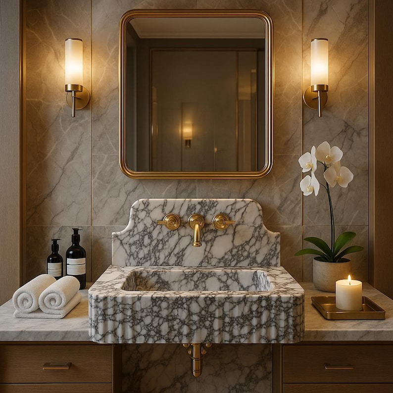 Calacatta Viola marble sink with curved backsplash wall mount farmhouse basin