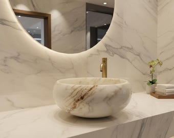 Round Marble Sink | Calacatta Gold Bowl Basin | Oval Vessel Sink Countertop | Handcarved Natural Stone Bathroom Vanity