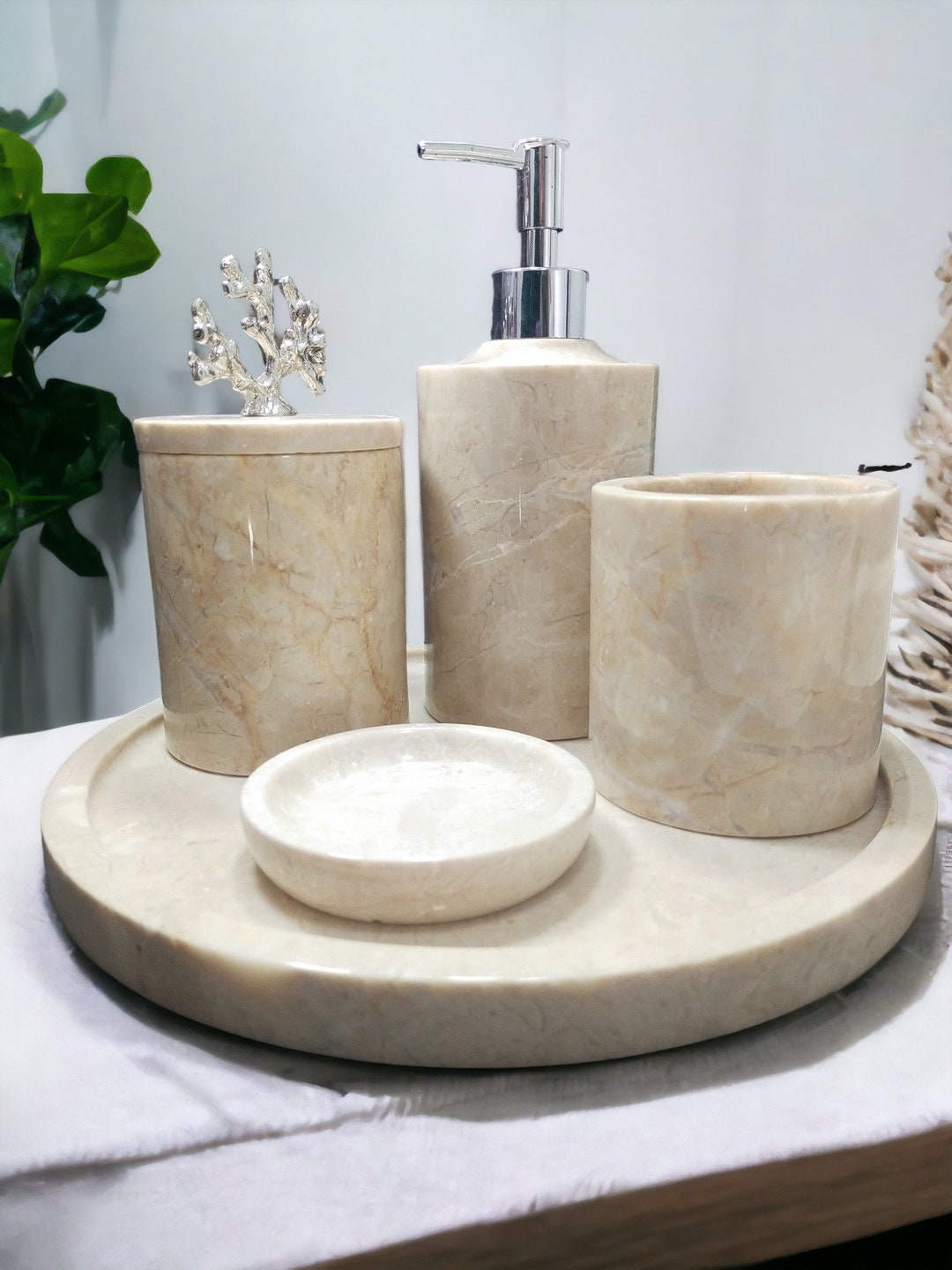 Luxurious Beige Marble Bathroom Accessories: Set of Elegance & Utility ...
