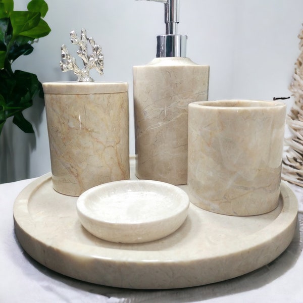 Luxurious Beige Marble Bathroom Accessories: Set of Elegance & Utility,marble bathroom set