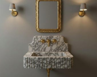 Hand Carved Calacatta Viola Marble Sink with Backsplash: Custom Wall Mount Vanity Basin Luxury Bathroom