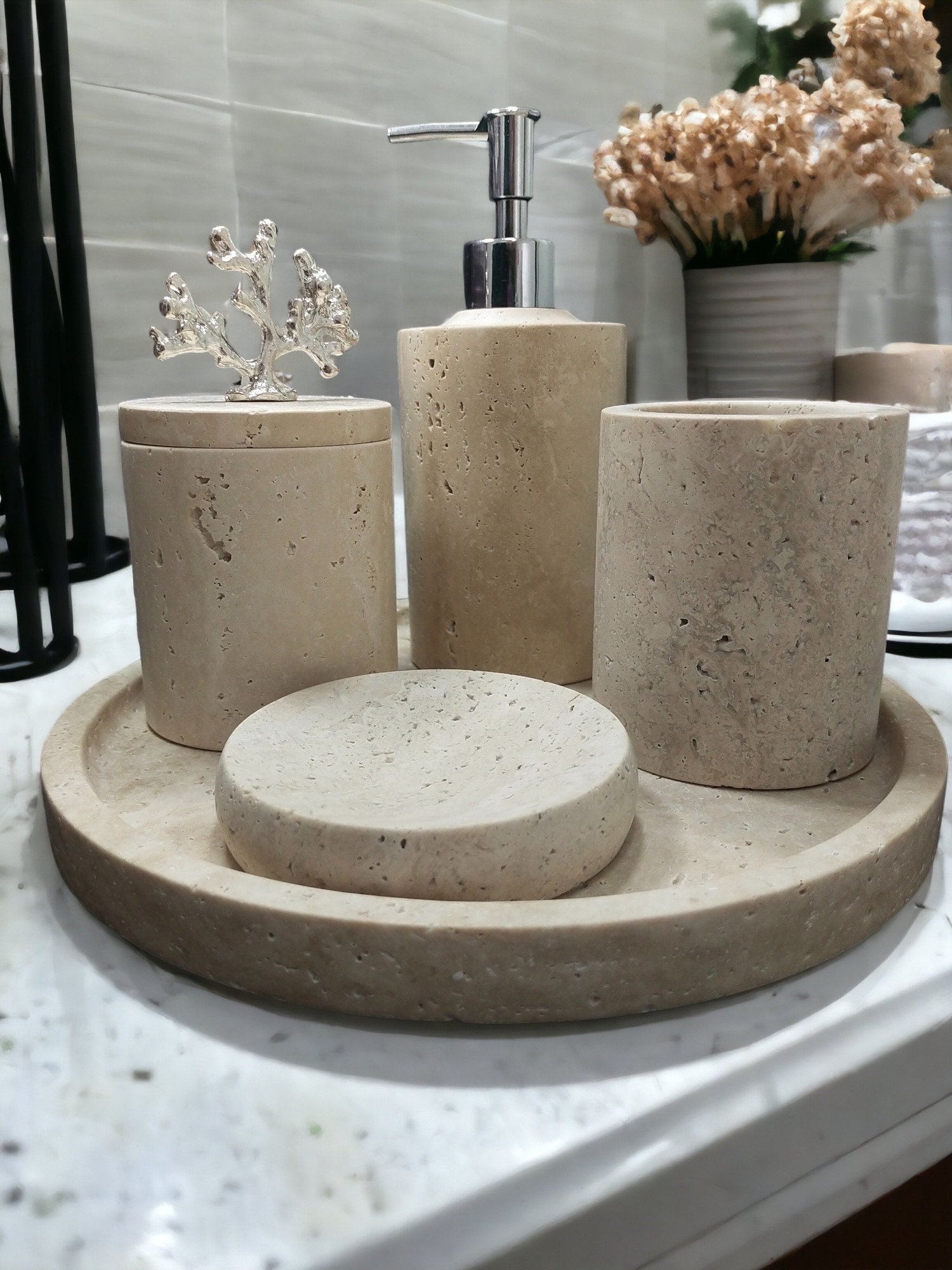 Set of 4 Travertine Bathroom Accessories Soap Dispenser & Toothbrush Holder  & Cup & Tray