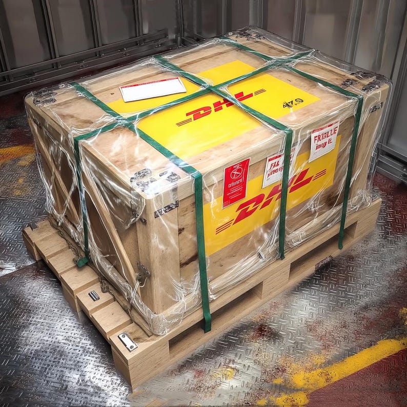 May include: A wooden crate on a pallet, wrapped in clear plastic and secured with green straps. The crate features large yellow panels with the DHL logo and various labels. The crate is on a metal floor.