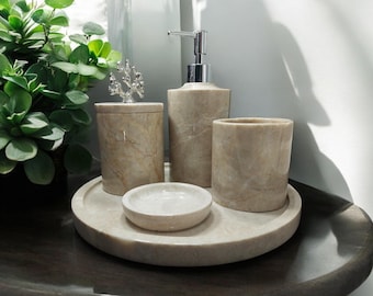 Luxurious Beige Marble Bathroom Accessories: Set of Elegance & Utility,marble bathroom set-5 pcs set