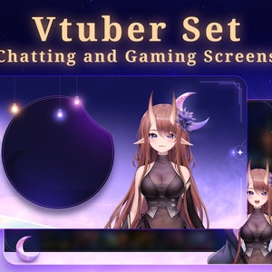 May include: A purple and blue digital screen overlay featuring a cartoon character with horns and long brown hair. The text "Vtuber Set Chatting and Gaming Screens" is at the top of the image.