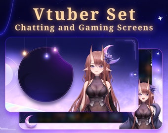 Animated Purple Celestial Moon VTuber Stream Graphic Set | Chatting, Game, Border, Add-Ons