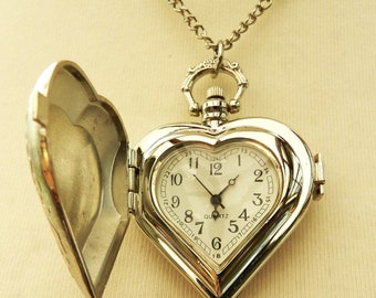 Chain with watch - heart locket watch - chain - watch chain - watch pendant - heart locket