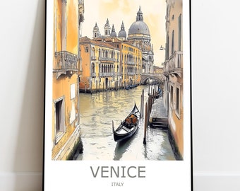May include: Framed art print of Venice, Italy, featuring a gondola on a canal. The artwork showcases buildings with yellow and orange hues, a domed church, and the text "VENICE ITALY" at the bottom. The print is displayed on a wooden floor.