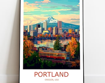 May include: A vintage-style travel poster featuring a cityscape with a mountain in the background. The city is Portland, Oregon, USA. A red train is in the foreground, traveling through a lush green forest.