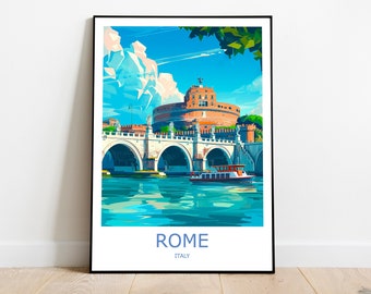 Puede incluir: Una ilustración colorida del Castel Sant'Angelo en Roma, Italia. El castillo es un gran edificio circular con un puente que conduce a él. El puente está bordeado de arcos y hay un barco en el agua debajo. El cielo es azul con nubes blancas y el agua es de un turquesa brillante.