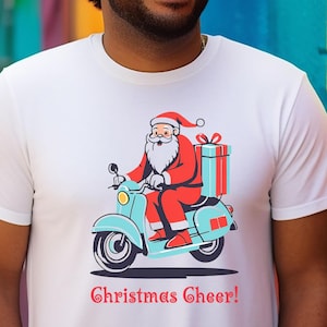 Retro Santa Moped Tee, Christmas Shirt, Holiday Graphic T-Shirt, Vintage Claus Motorcycle Top, Festive Xmas Apparel