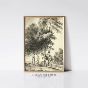 Tree with Mountain Antique Drawing Landscape Wall Art Antique Home Decor Minimal Wall Decoration Printable Digital Art Gold Color Art Print
