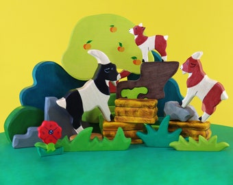 Family of Goats Wooden Toys Set | Montessori Toys | Waldorf Toy | Farm Animals | Wooden Toys for Kids | Toddler Toy