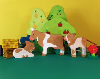 Family of Cows Wooden Toys Set | Montessori Toys | Waldorf Toy | Farm Animals | Wooden Toys for Kids | Farm Animals