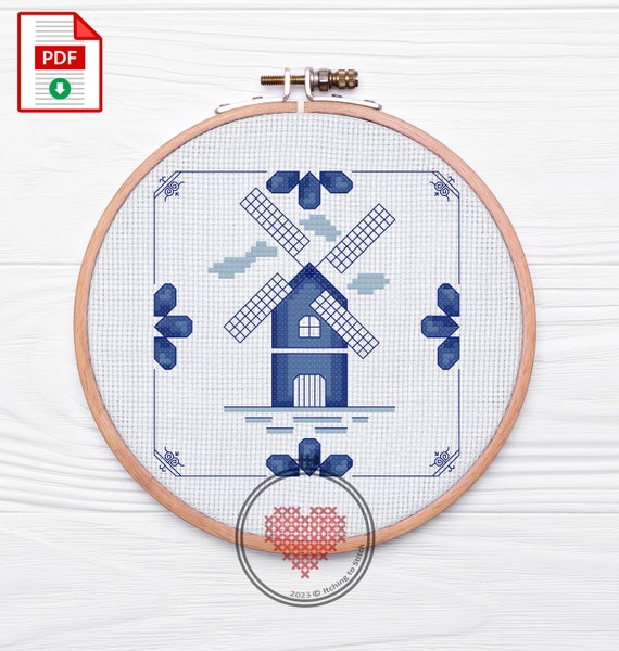 デルフトブルータイル風車デルフト焼きクロスステッチパターンデジタル