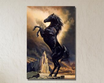 Picture of a Black Horse on a Steeplechase, The Black Horse Painting, Horse Wall Art, Horse Poster, Black Horse Canvas, Black Horse Painting