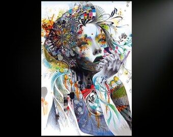 May include: A colorful abstract painting of a woman with a floral design on her head and body. The woman's face is painted with bright colors and she is looking to the side. The background is white with splashes of color.