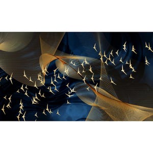 Puede incluir: Impresión de arte abstracto con una bandada de pájaros dorados volando sobre un fondo azul oscuro con líneas doradas y blancas.