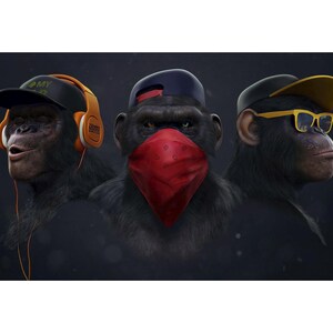 Puede incluir: Tres chimpancés con sombreros y accesorios. Uno lleva auriculares, otro lleva un pañuelo rojo sobre la boca y el tercero lleva gafas de sol.