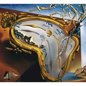 May include: A surrealist painting of a melting pocket watch with Roman numerals, a blue sky, and a rocky coastline. The watch is dripping with gold paint and has a small insect on the face.