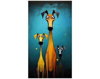 May include: Three cartoon dogs with different coloured fur stand in front of a blue background. The dog in the middle is orange, the dog on the left is yellow, and the dog on the right is grey.