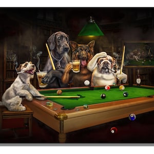 Honden spelen biljart cadeau schilderijen, honden spelen biljart canvasafdruk, honden spelen biljart poster, honden spelen biljart kunst aan de muur
