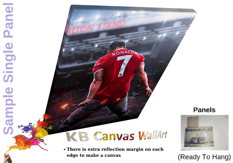 Op de afbeelding: Een canvas print met &eacute;&eacute;n paneel met een voetballer die een rood shirt draagt met nummer 7 op de rug. De speler staat op een voetbalveld met een stadion op de achtergrond. De canvas print is klaar om opgehangen te worden.