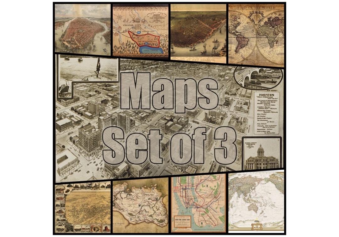 Three Map Printable Set of 3 (maps) Canvas Painting, Set of Three (maps) Canvas Panel, Set ...