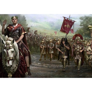 May include: A Roman legion marches forward, led by a general on horseback. The general is wearing a laurel wreath and a red toga. The legionaries are armed with swords and shields, and they are carrying a red flag with the inscription "LEG X".