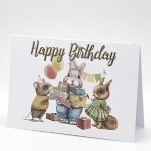 Happy Birthday with Presents and Friends - Cute Stylised Animals Birthday Card