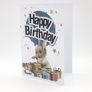 A Rabbit's Birthday Party with Gifts and Confetti - Birthday Card