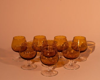 Vintage Spanish Finelsa amber glasses set of six | vintage cognac glasses, liqueur glasses, vintage barware, bar cart gift, unique gift