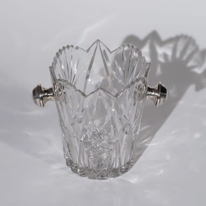 Vintage cut glass ice bowl | ice bucket, silver plated handles, vintage barware, bar cart gift, serveware, unique gift, retro tableware
