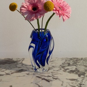 Vintage Bohemian glass twist cobalt blue vase