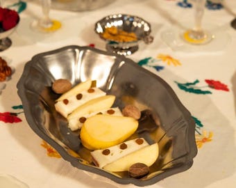 Vintage French Stainless Steel Serving Tray: Adorned Oval Dish, Silver Tray | US tariff-free