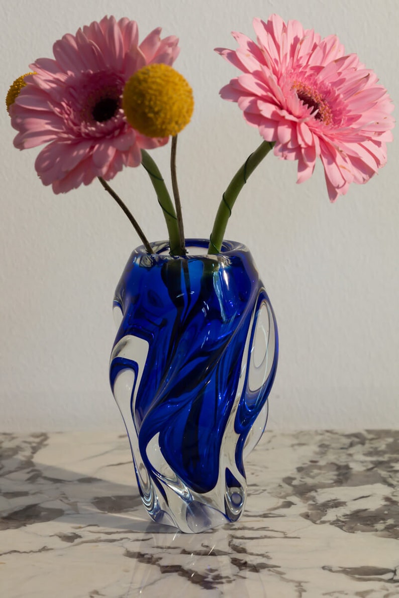 Vintage Bohemian glass twist cobalt blue vase