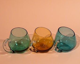 Vintage set of three multicolour glass cups 60s 70s | Unique Christmas gift, Housewarming gift, Blue green amber glass, MCM, vintage barware
