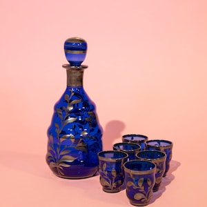 Vintage Bohemia cobalt glass decanter set with six glasses, silver hand painted | Unique gift, Housewarming gift, vintage bar cart, bohemian