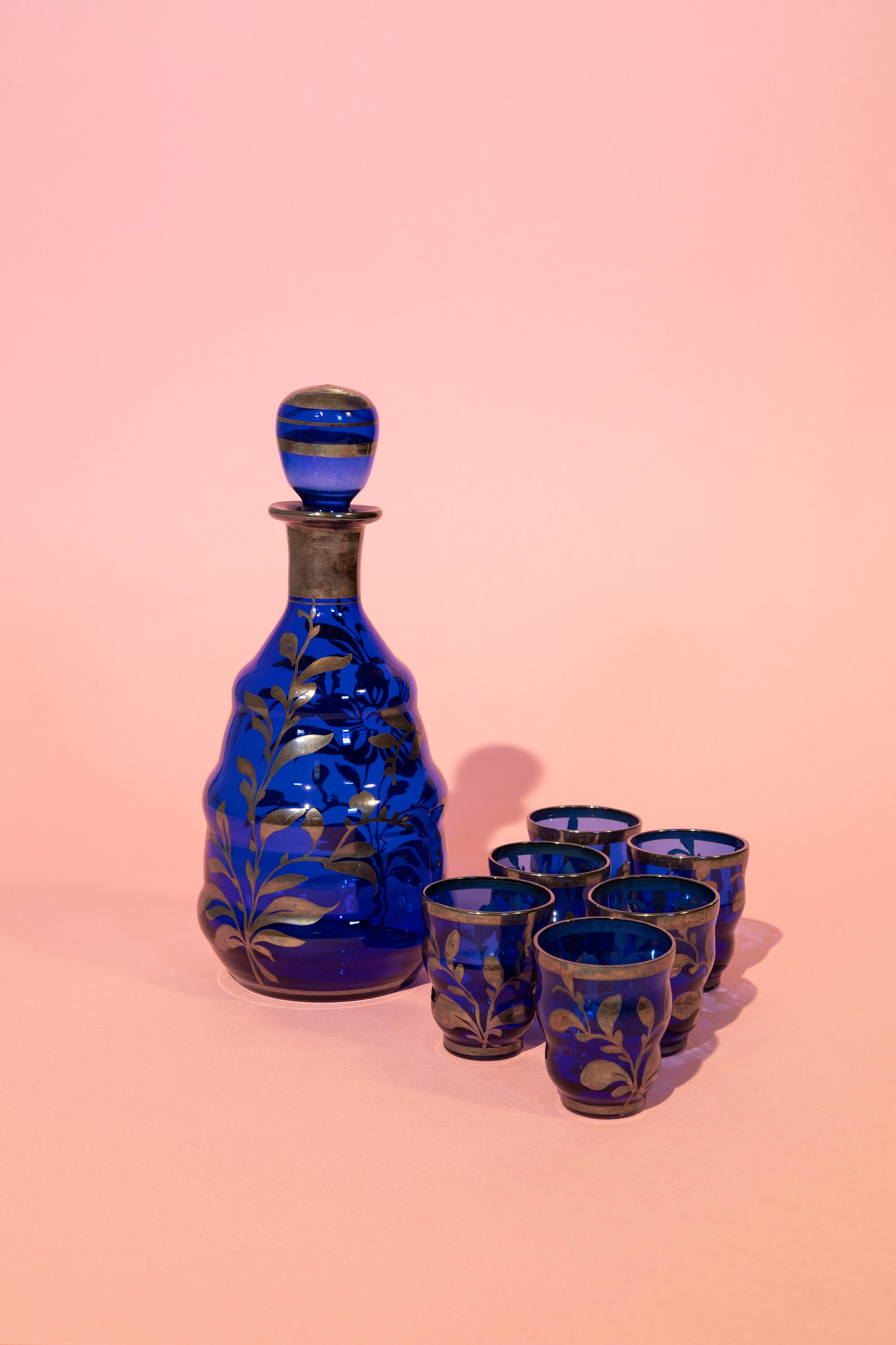Vintage Bohemia cobalt glass decanter set with six glasses, silver hand painted | Unique gift, Housewarming gift, vintage bar cart, bohemian