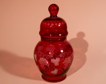Vintage pink decorative jar with vine pattern | Unique Christmas gift, Housewarming gift, Birthday gift, pink glass, lidded jar, shelf decor