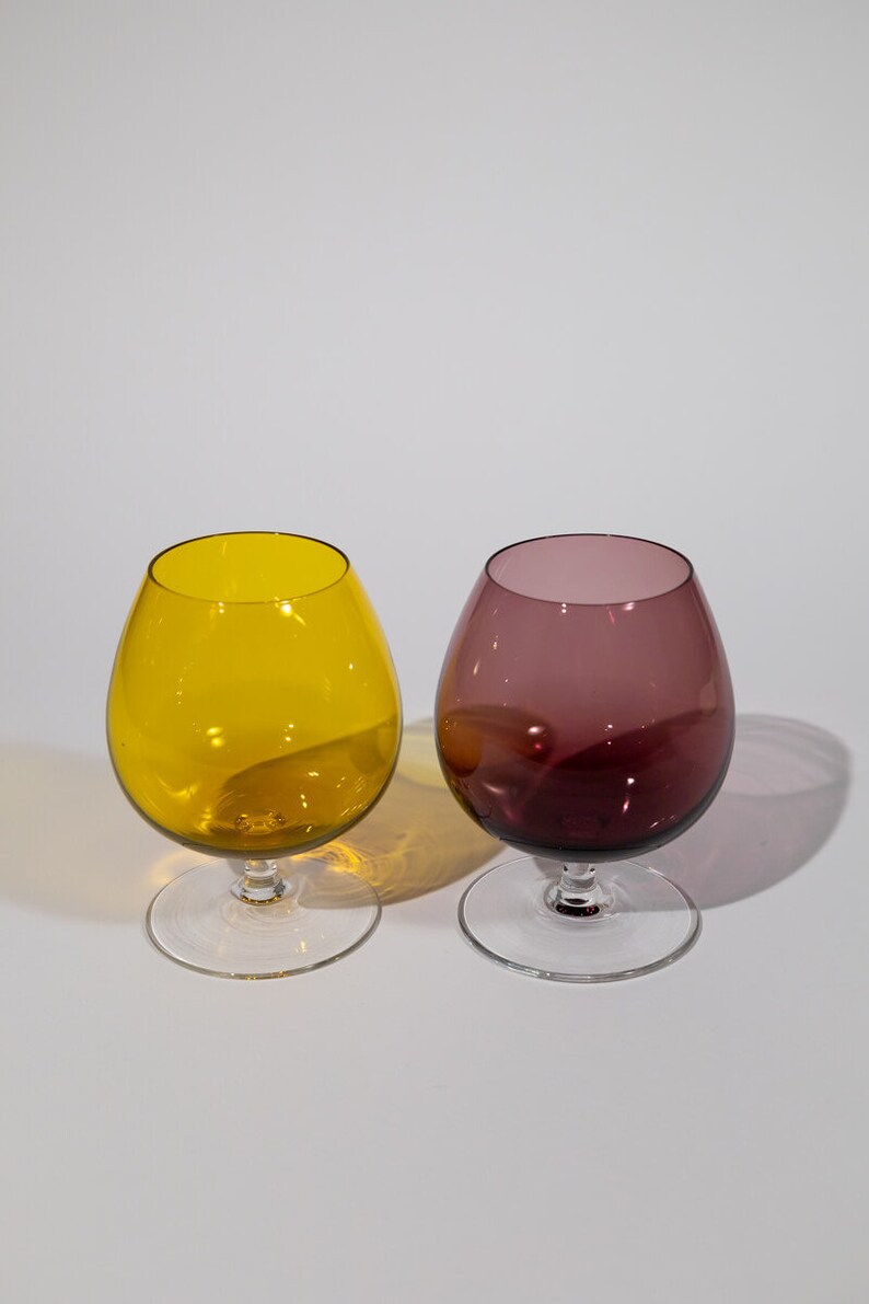 Vintage set of two multicolour stemmed glasses 60s 70s Unique Christmas gift, Housewarming gift , MCM, vintage barware, amber purple glass image 6